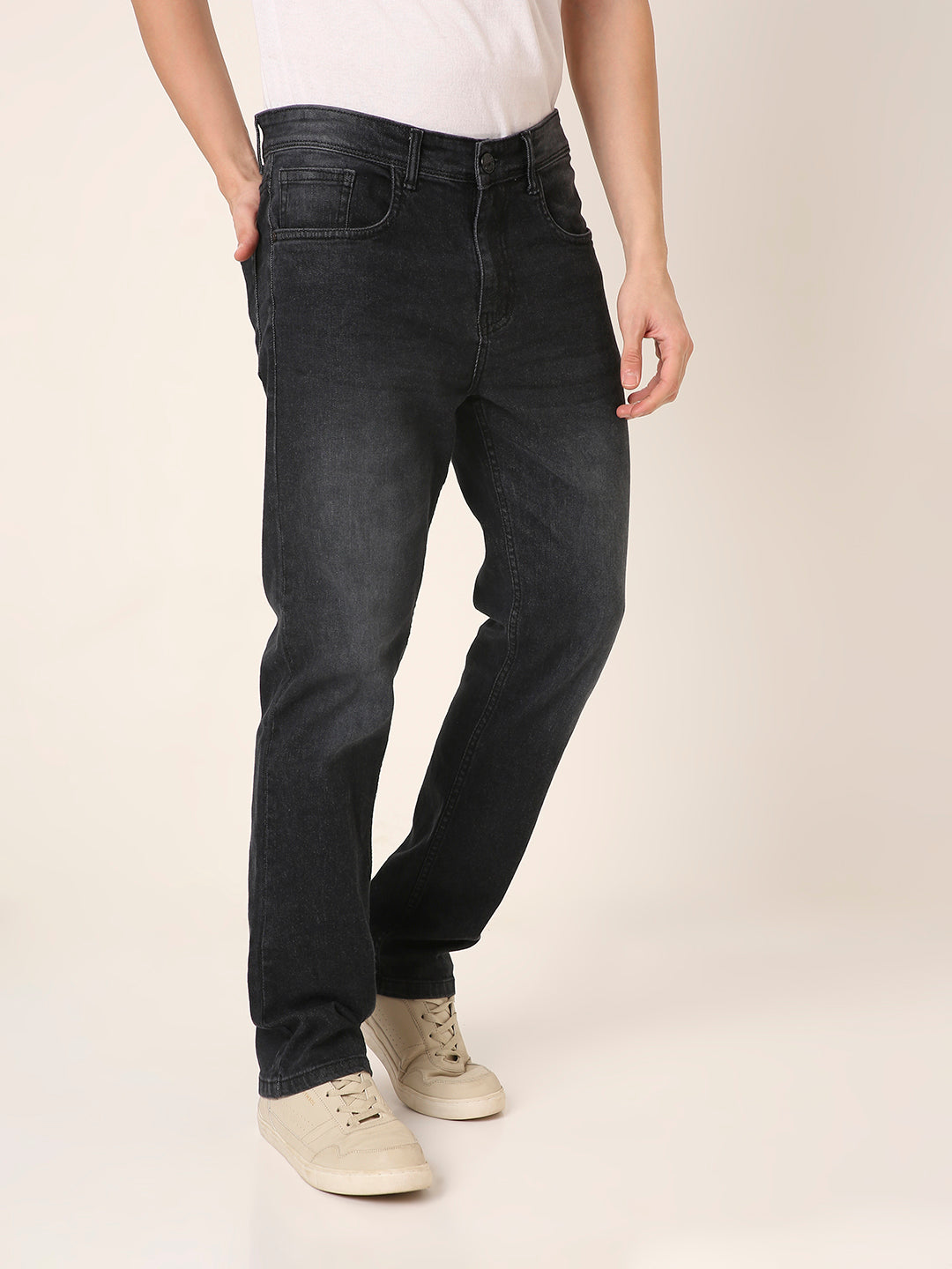 Black Washed Straight Fit Stretch Denim Jeans