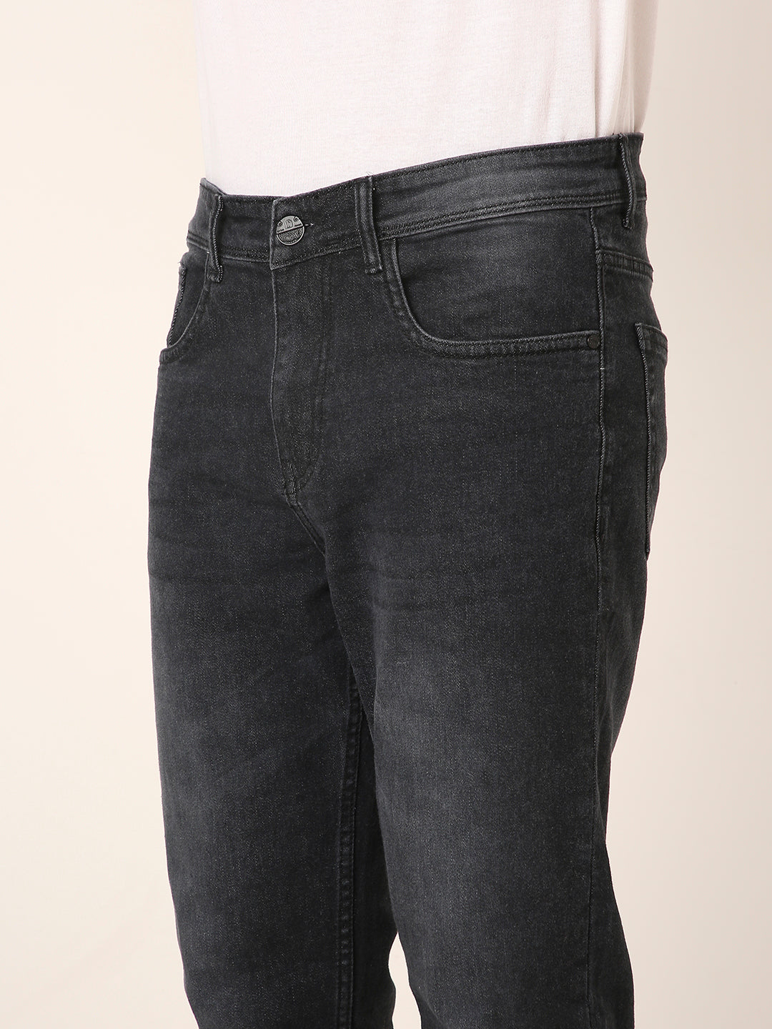 Black Washed Straight Fit Stretch Denim Jeans