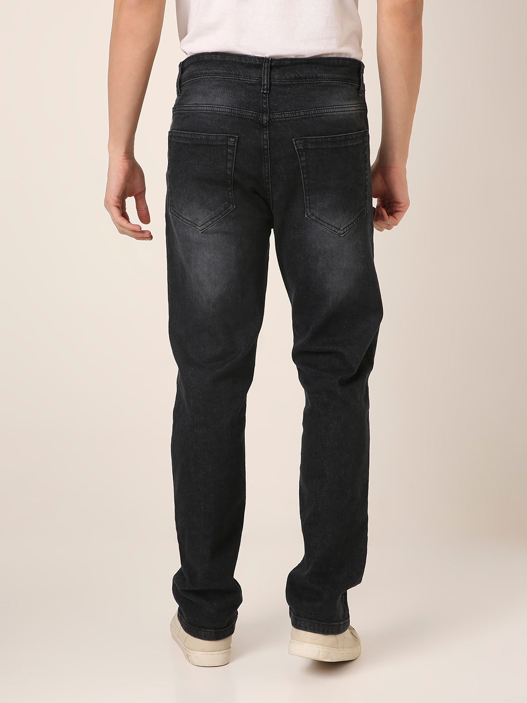 Black Washed Straight Fit Stretch Denim Jeans