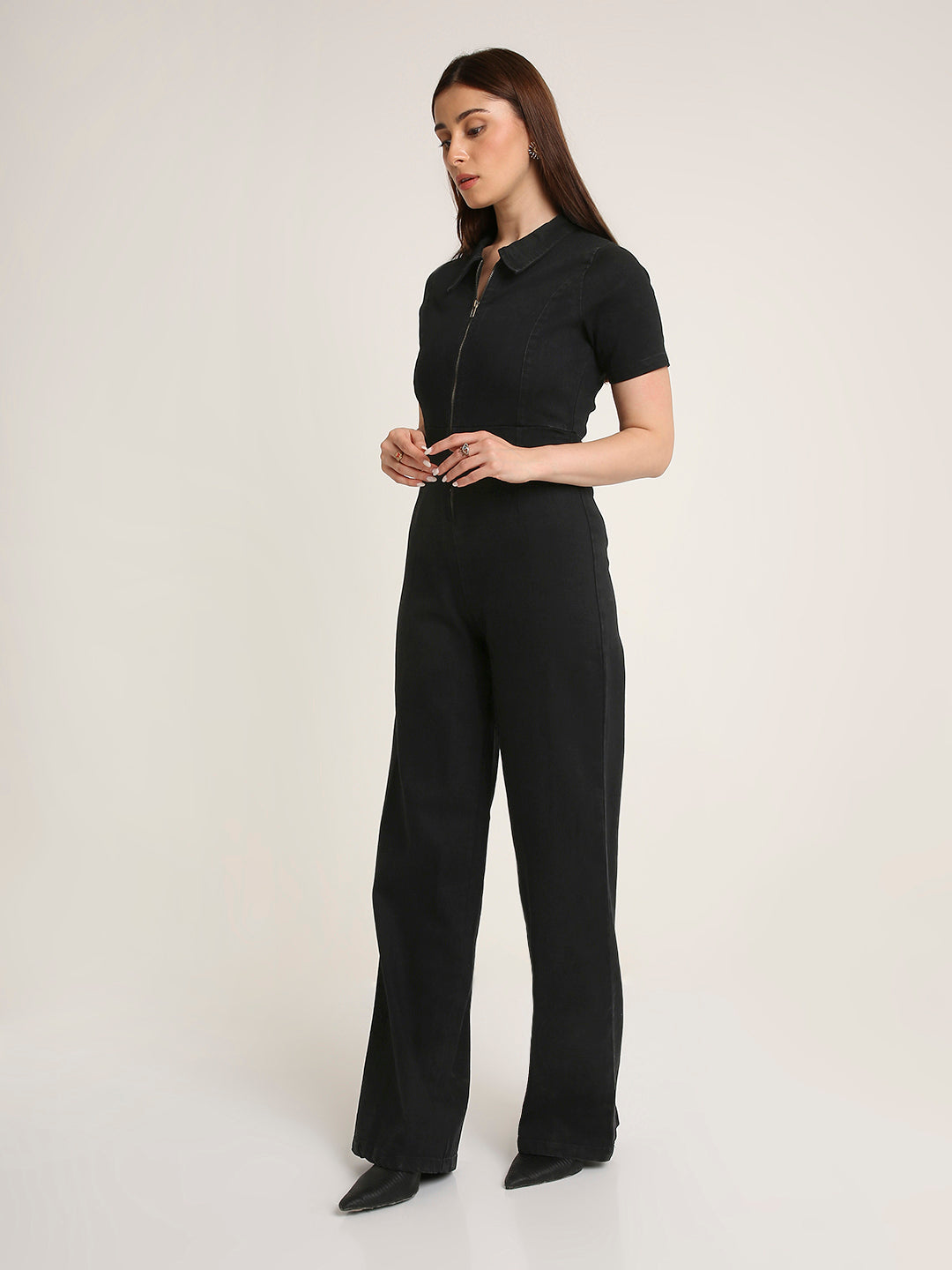 Black Solid Denim Collared Front Zip Wide-Leg Jumpsuit