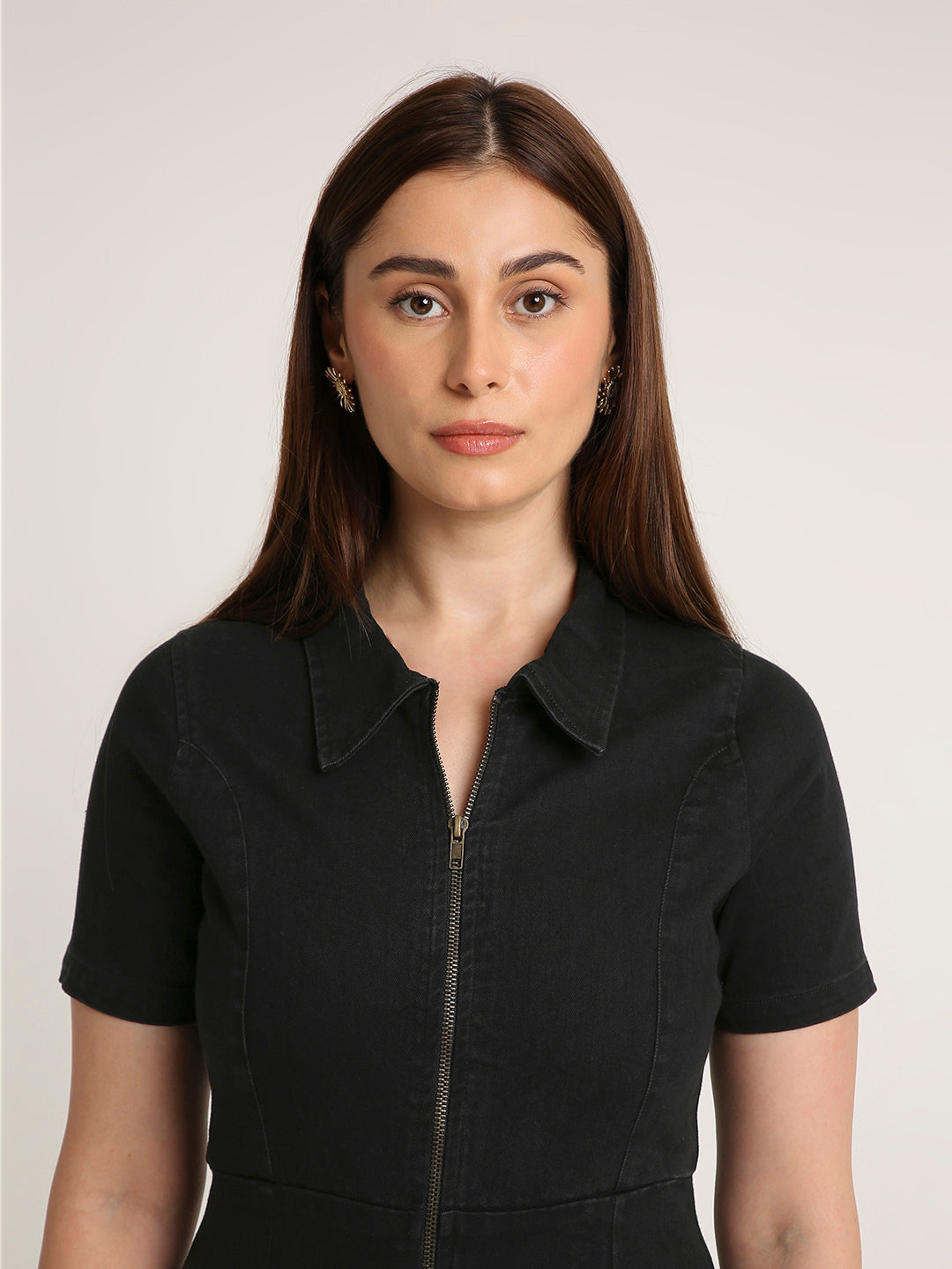 Black Solid Denim Collared Front Zip Wide-Leg Jumpsuit