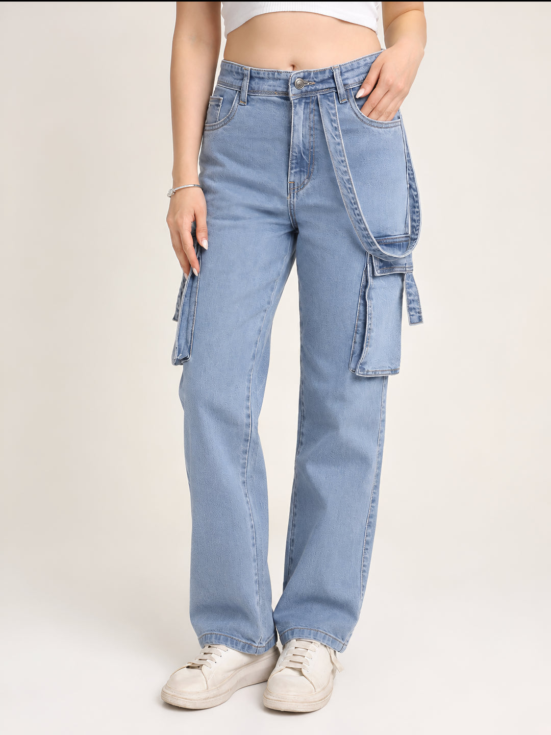 Light Blue Straight Fit Cargo Denim