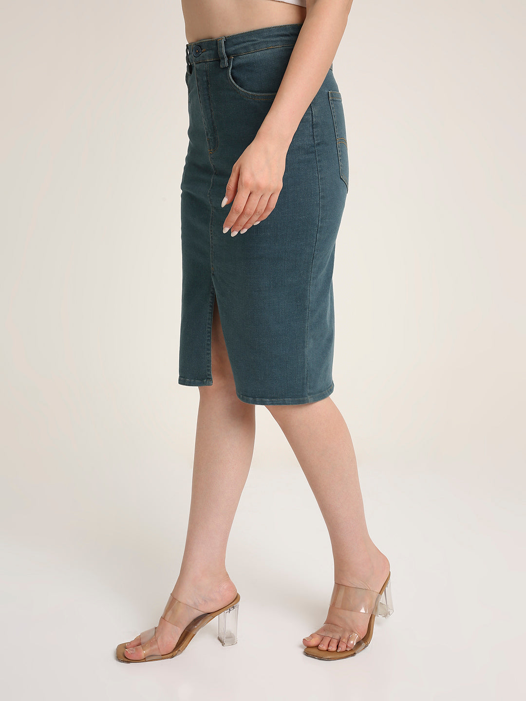 Denim Pencil Midi Skirt with Front Slit