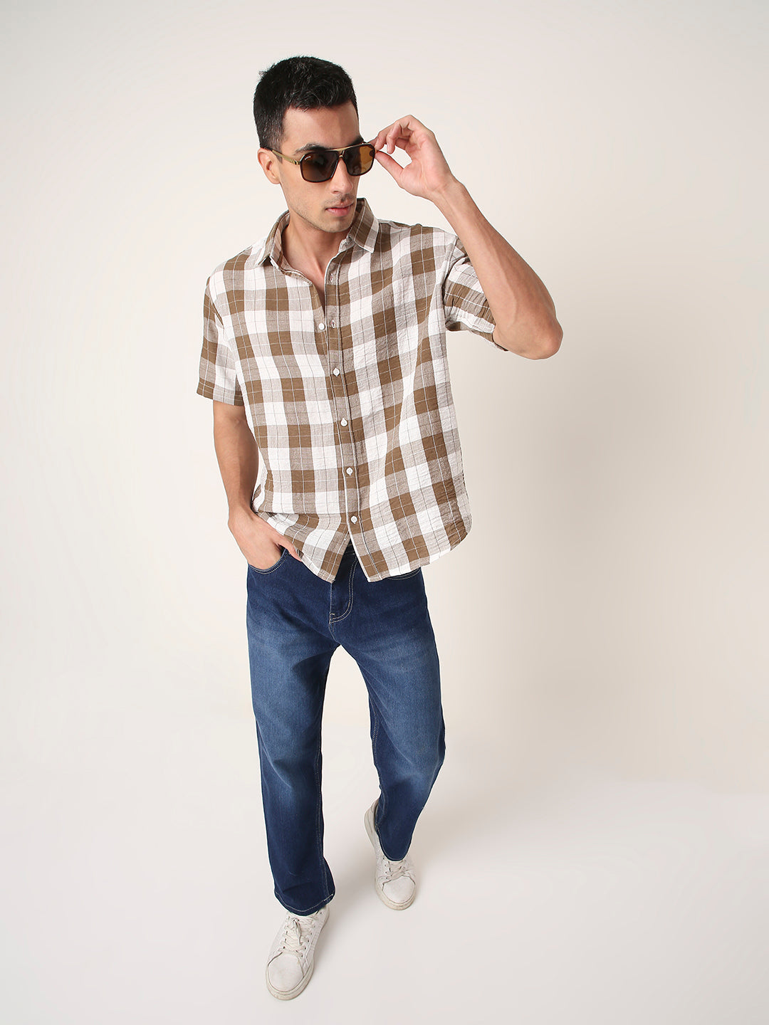 BROWN Checkered Short Sleeve Casual Shirt