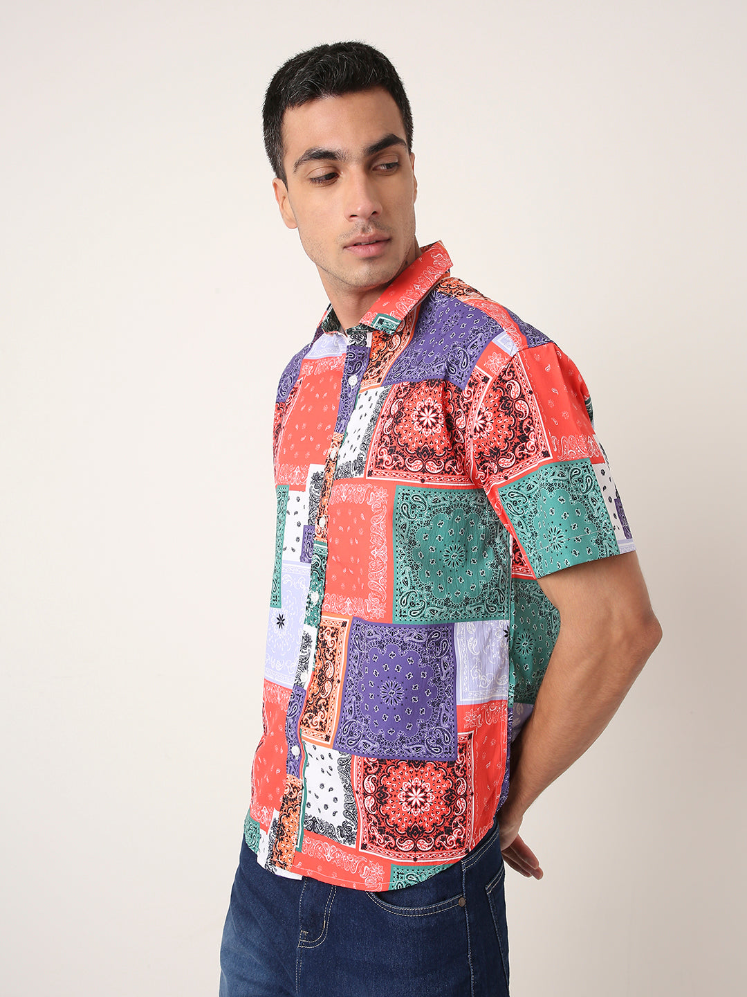 Multicolor Patch Printed Short Sleeve Casual Shirt