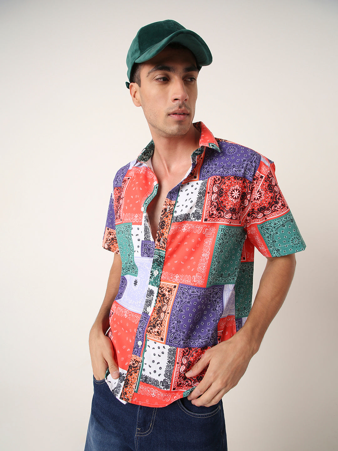 Multicolor Patch Printed Short Sleeve Casual Shirt