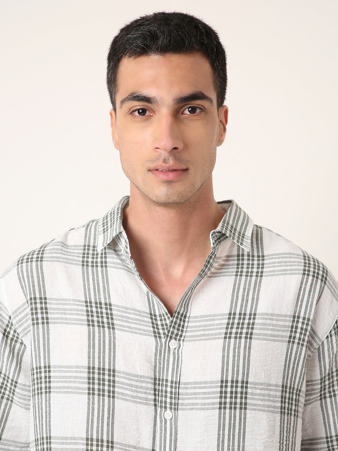 DARK GREEN Linen Blend Check Casual Shirt
