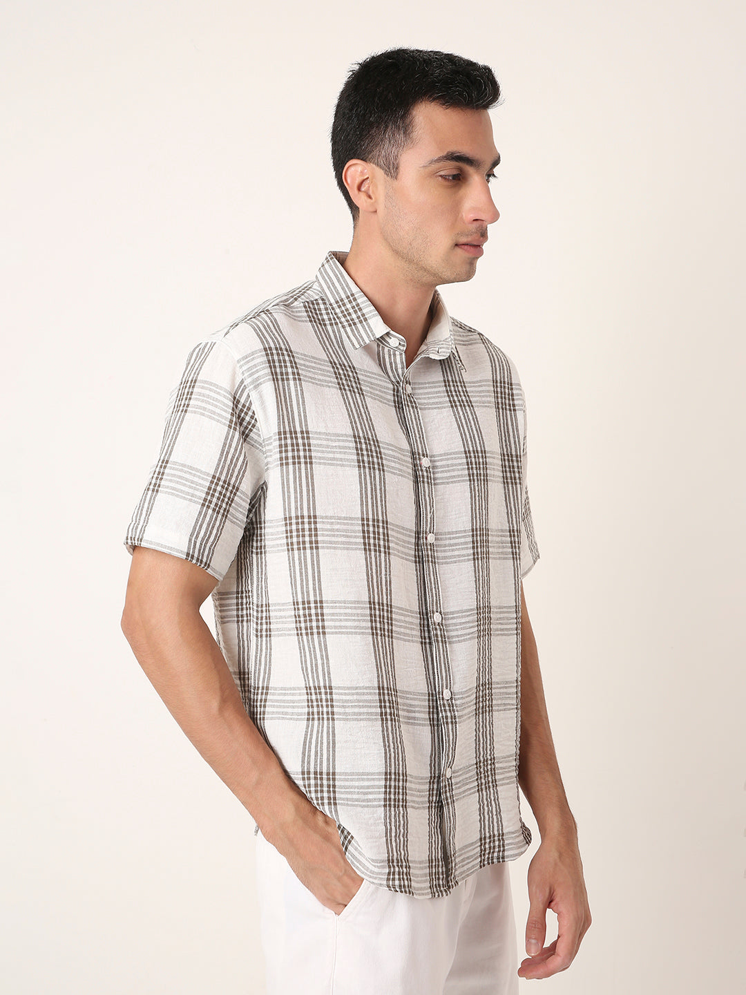 BROWN Linen Blend Check Casual Shirt