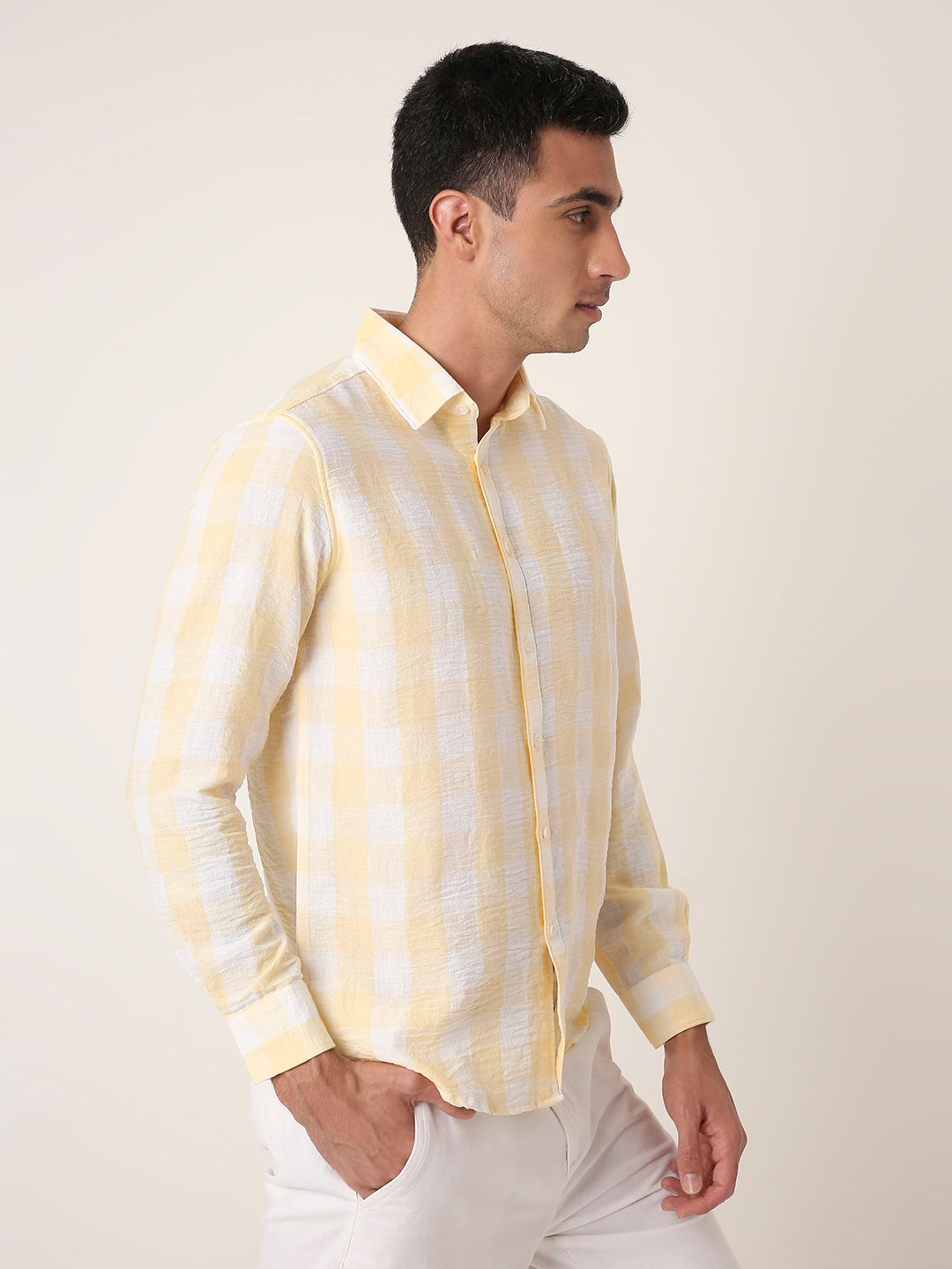 YELLOW Linen Blend Check Casual Shirt