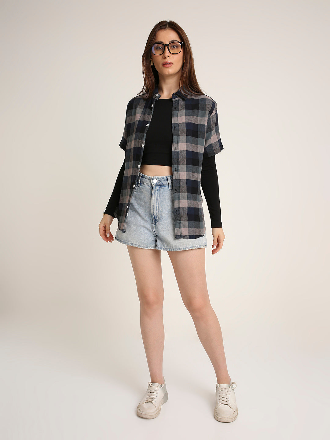 Navy Blue Checked Cotton Relaxed Fit Casual Shirt