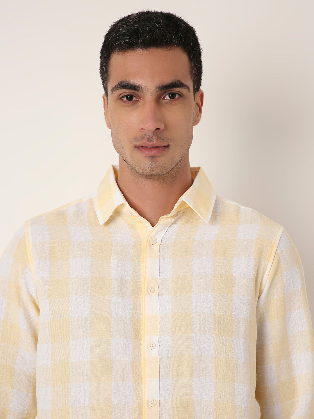 YELLOW Linen Blend Check Casual Shirt