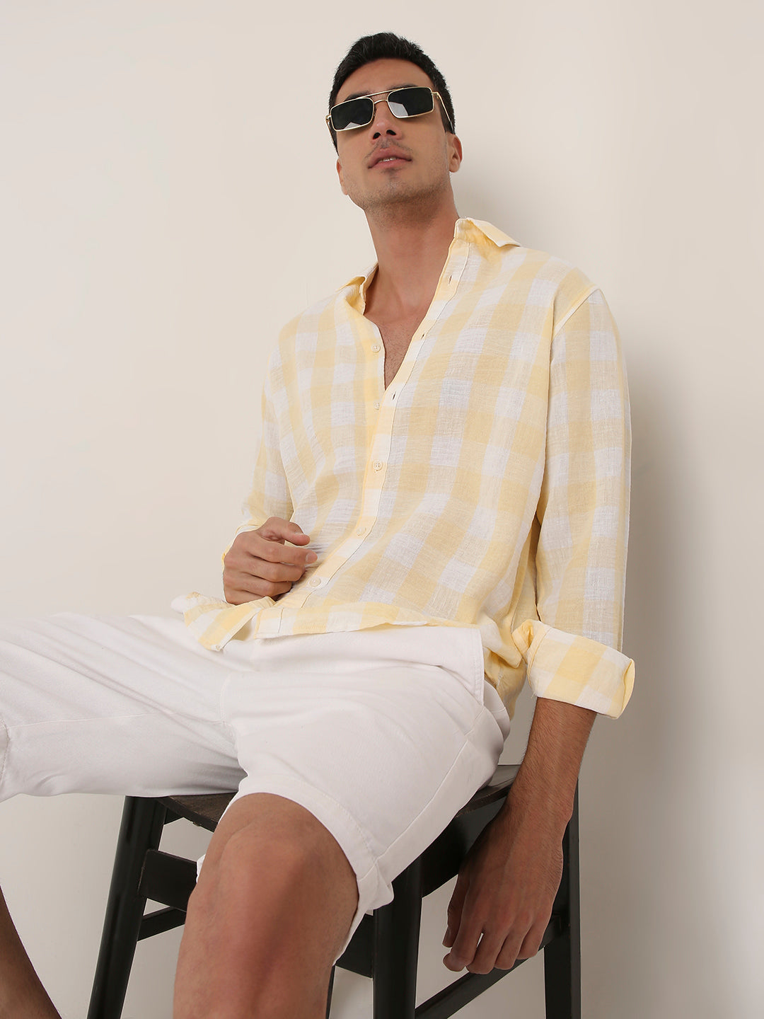 YELLOW Linen Blend Check Casual Shirt