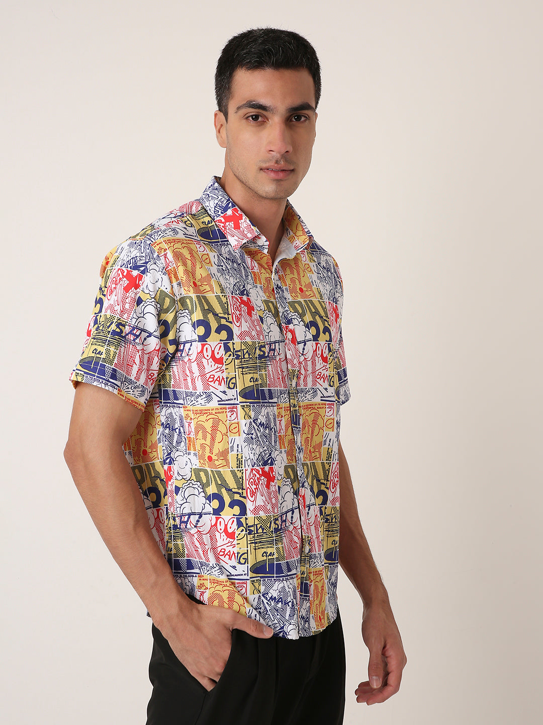 WHITE Comic Print Short Sleeve Casual Shirt
