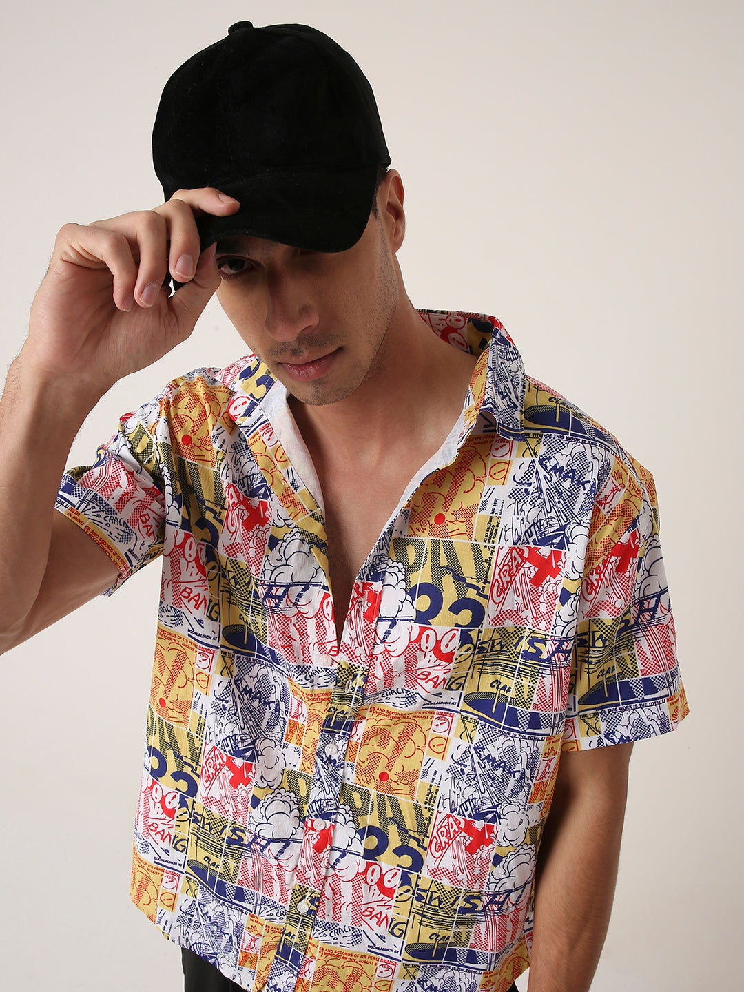 WHITE Comic Print Short Sleeve Casual Shirt