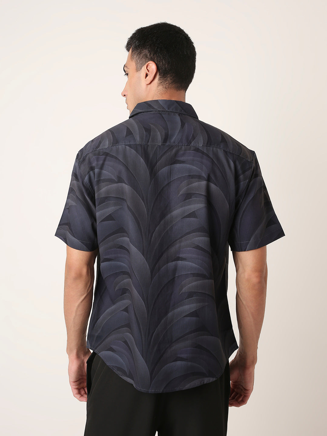 Black Leaf Print Short Sleeve Casual Shirt
