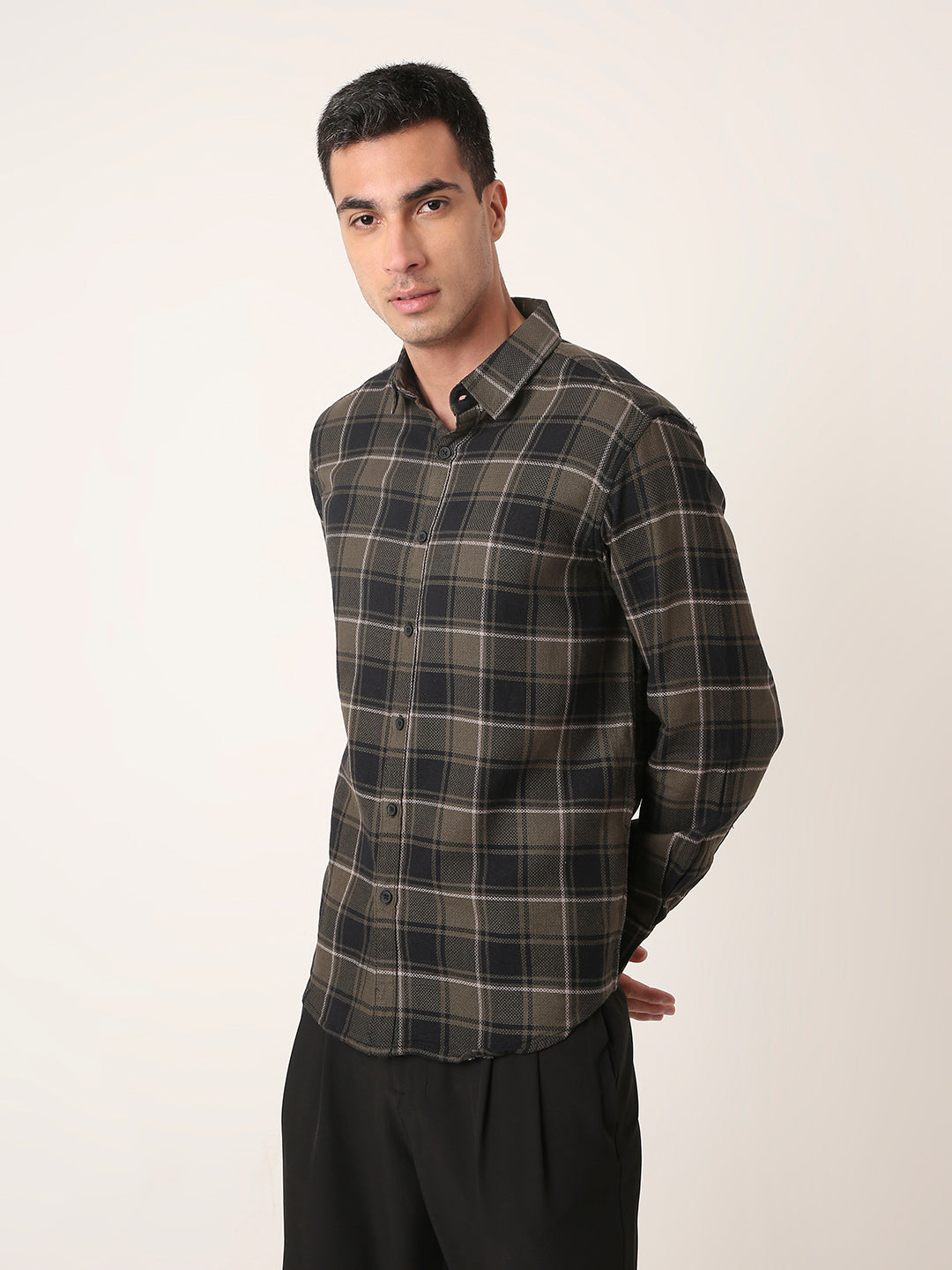 Olive Structured Premium Checkered Shirt