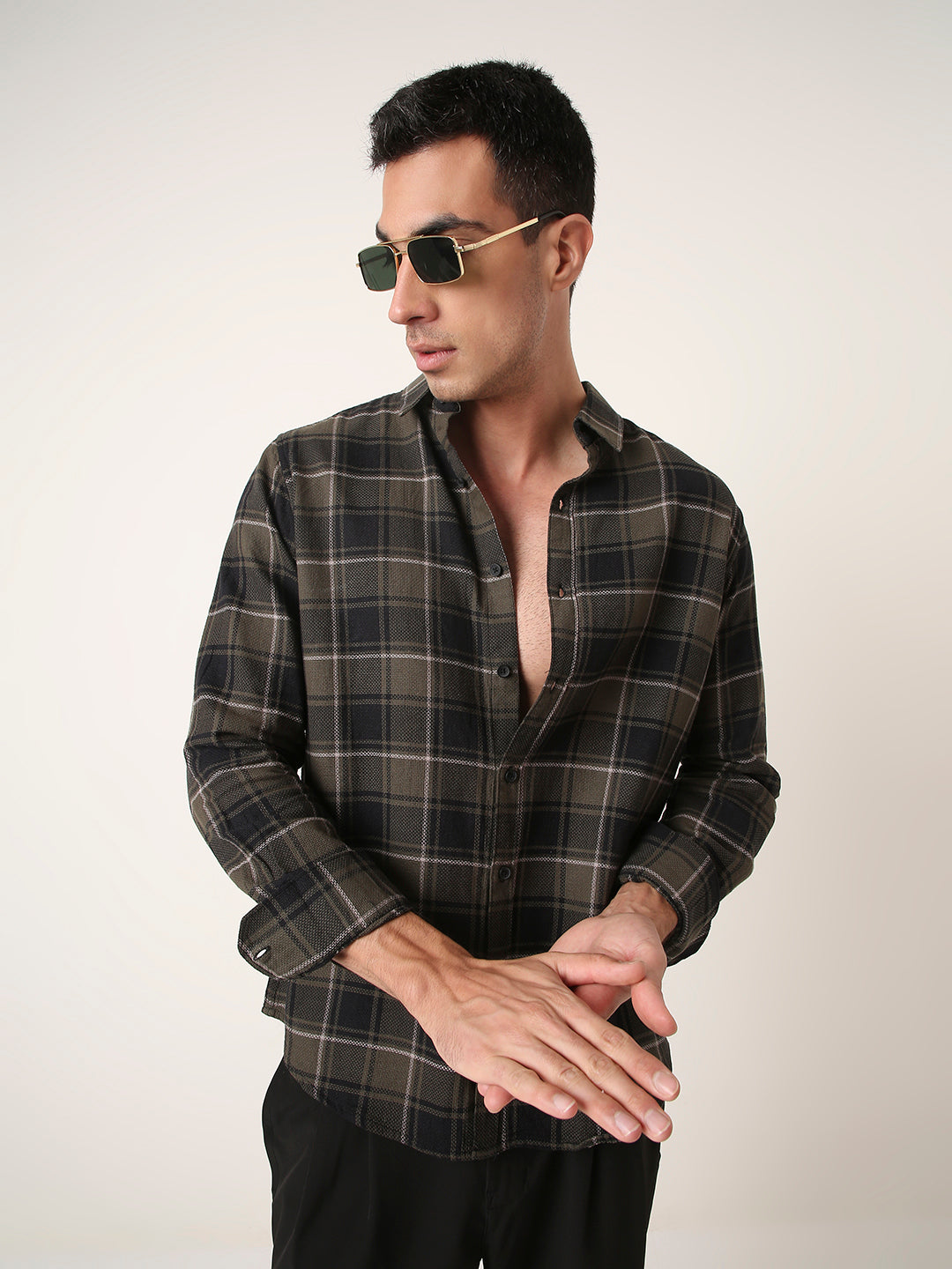 Olive Structured Premium Checkered Shirt