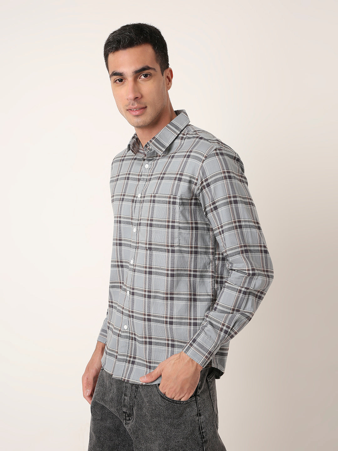 light grey Textured Cotton Checked Shirt