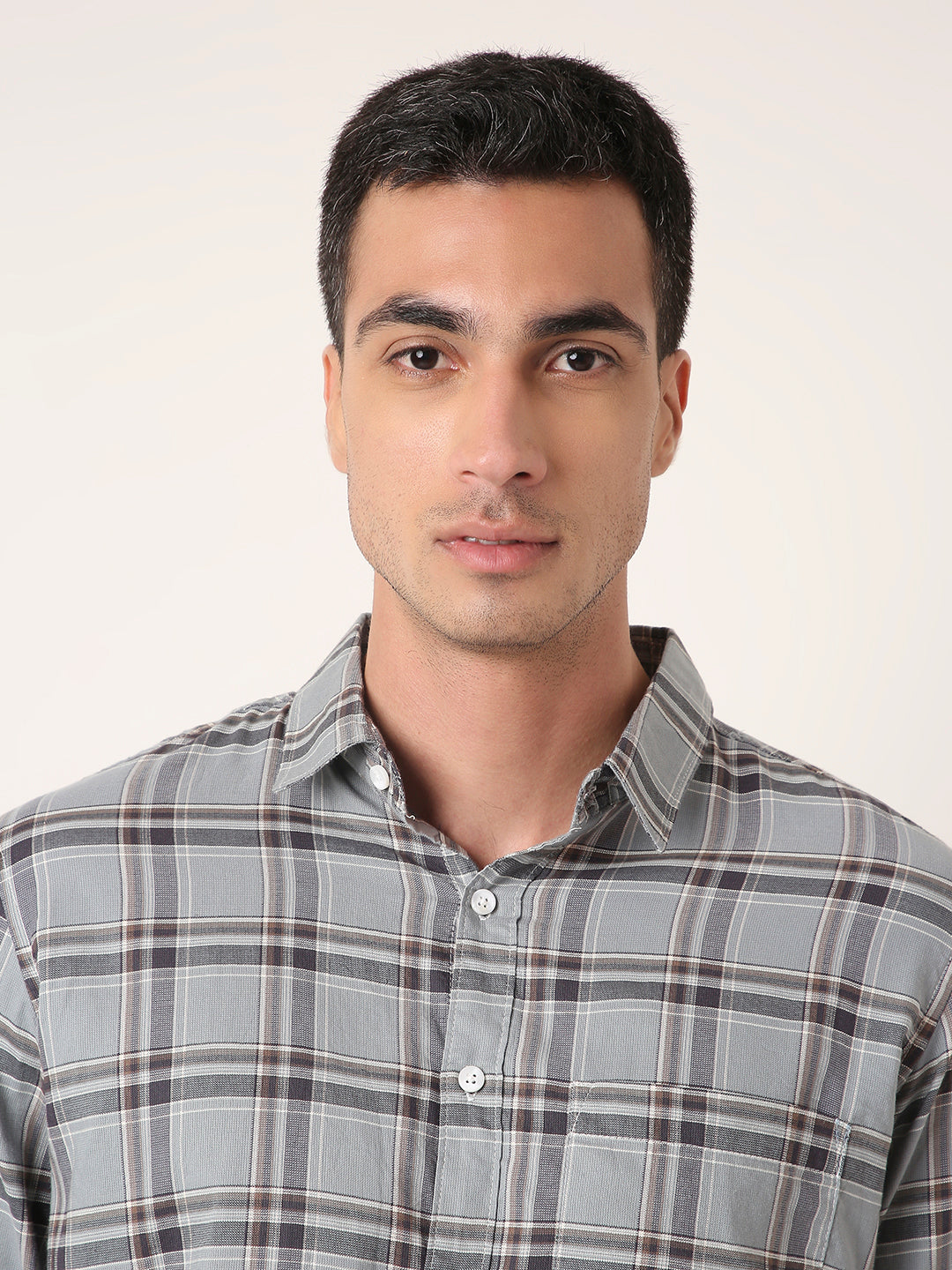 light grey Textured Cotton Checked Shirt