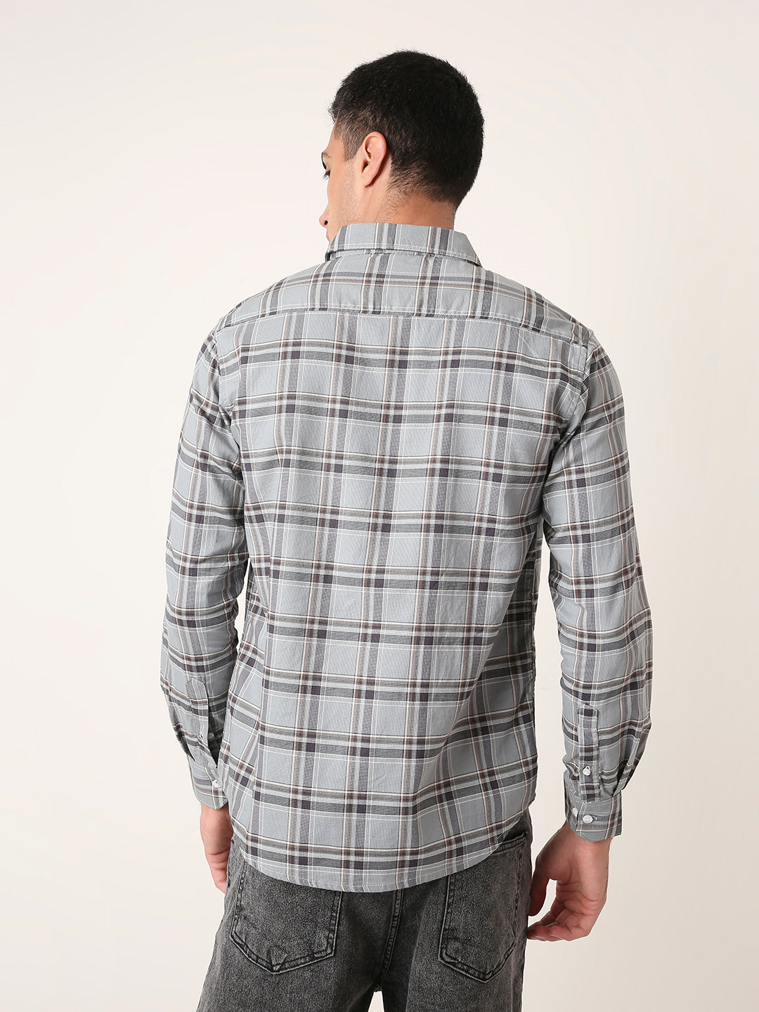 light grey Textured Cotton Checked Shirt