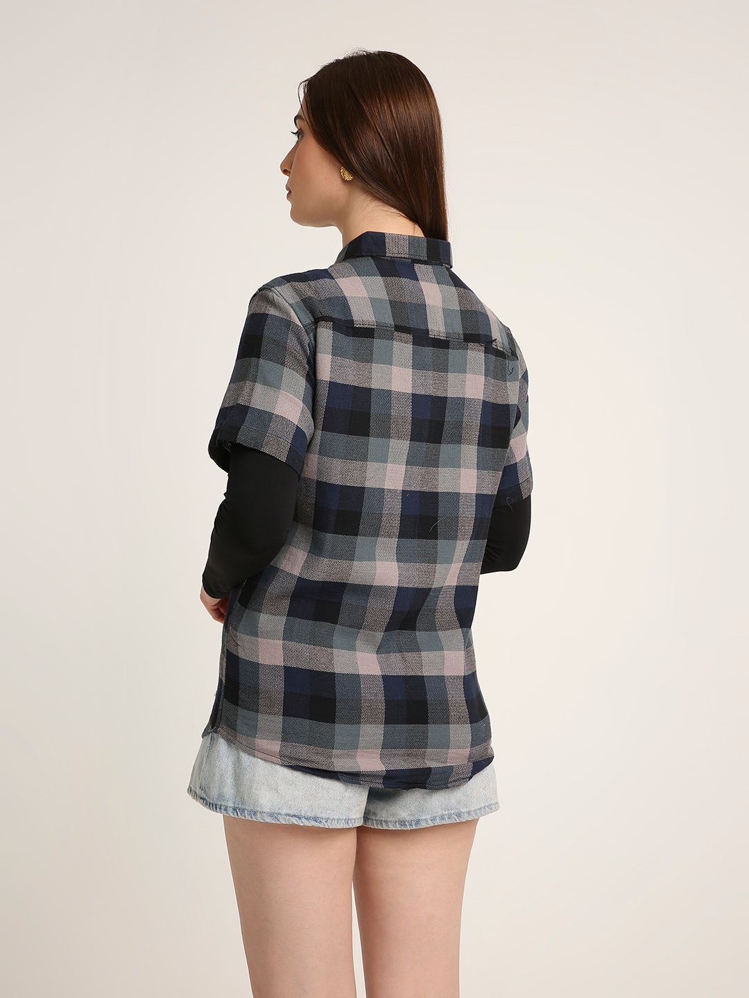 Navy Blue Checked Cotton Relaxed Fit Casual Shirt