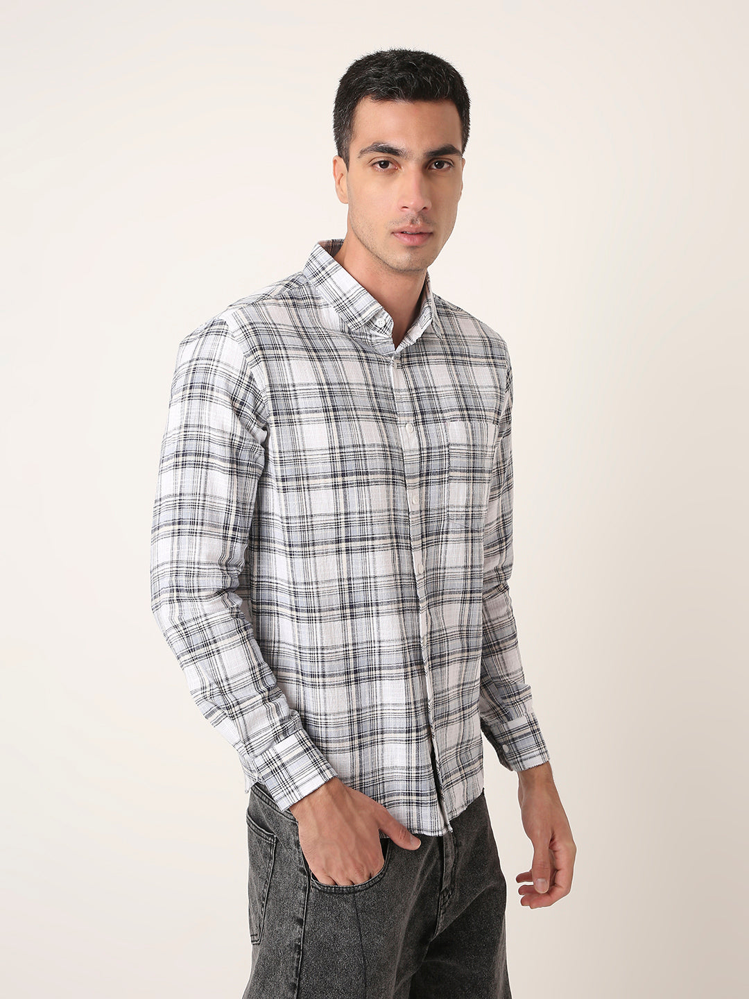 WHITE Checked Shirt Casual Style