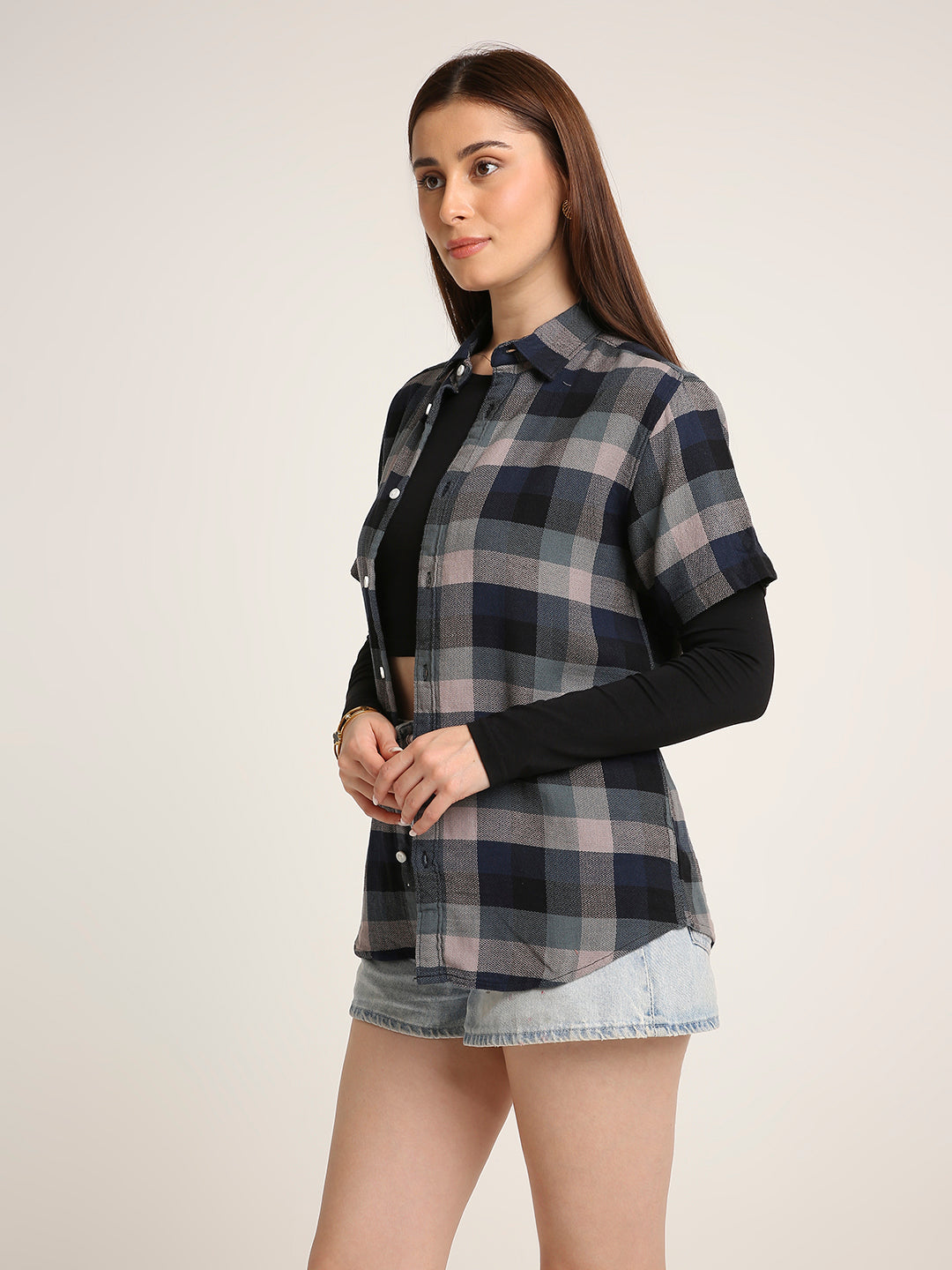Navy Blue Checked Cotton Relaxed Fit Casual Shirt