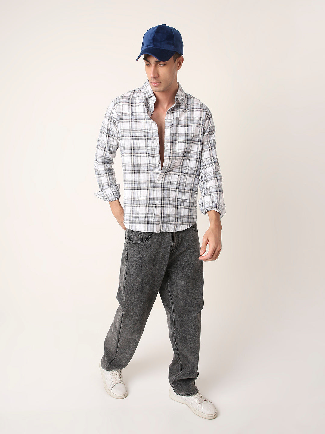 WHITE Checked Shirt Casual Style