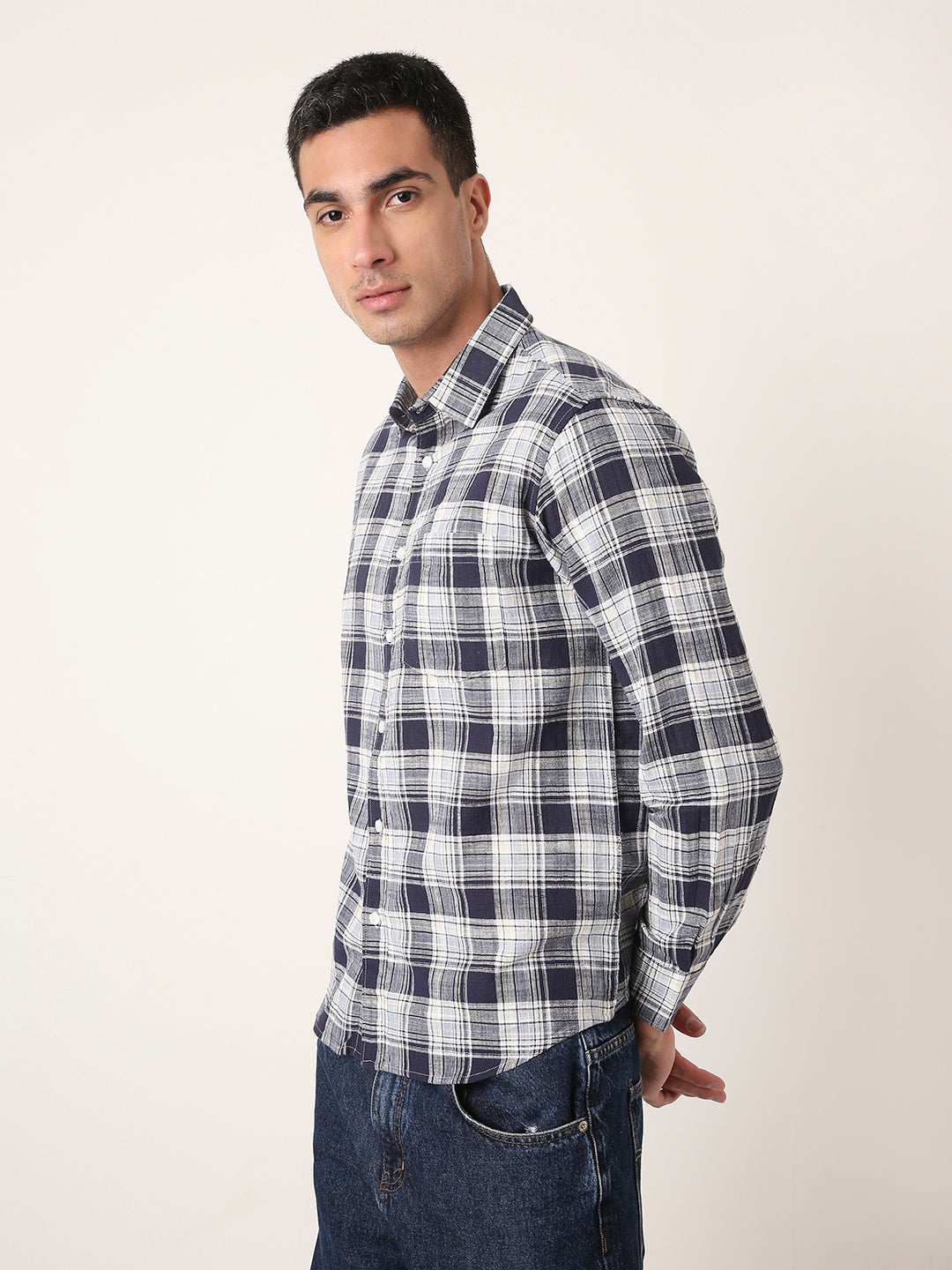 Navy Checked Shirt Casual Style