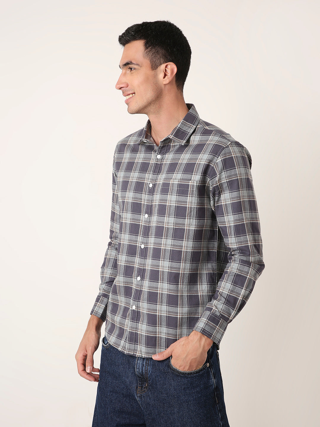 Dark grey textured Cotton Checked Shirt