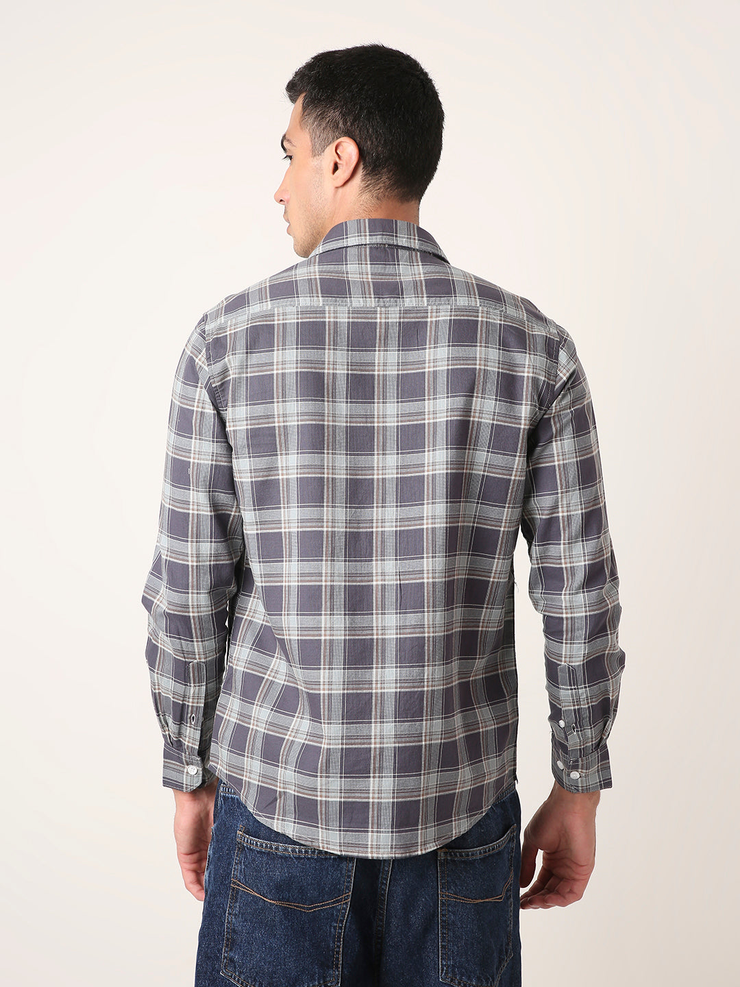Dark grey textured Cotton Checked Shirt