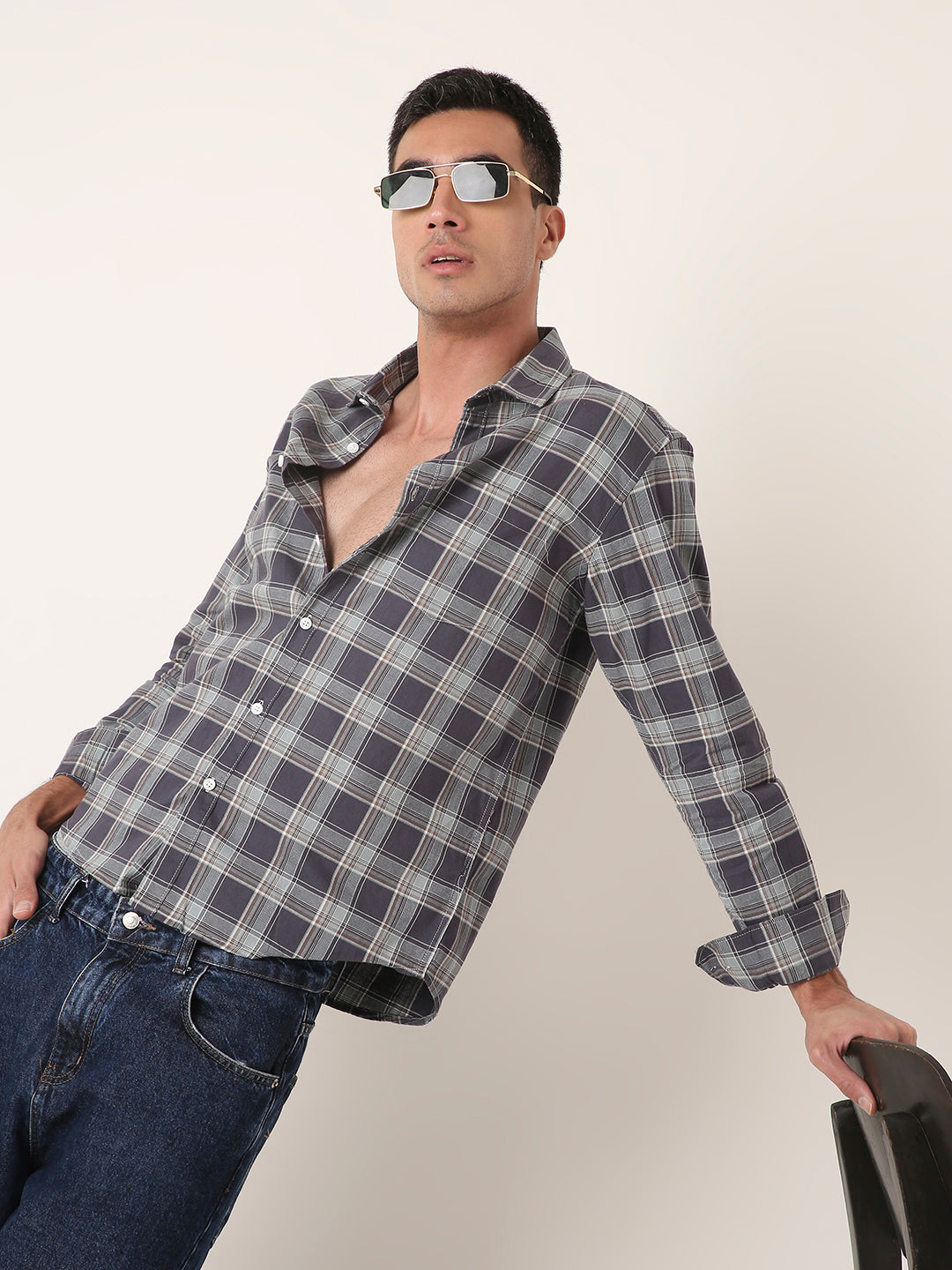 Dark grey textured Cotton Checked Shirt
