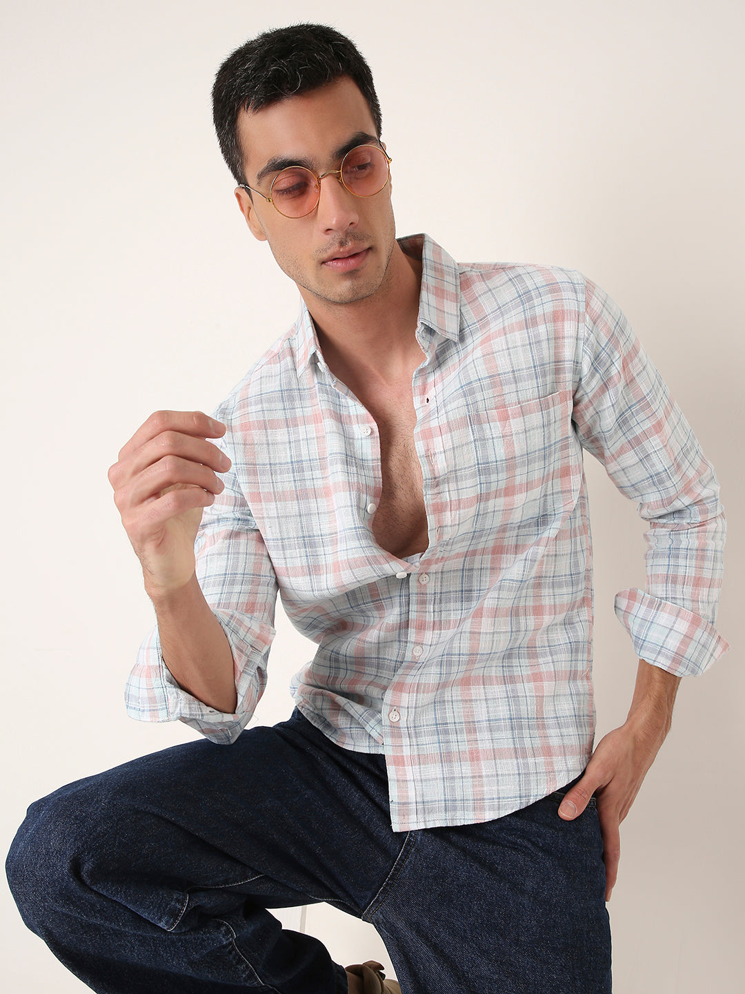 BLUE Cotton Checkered Casual Shirt