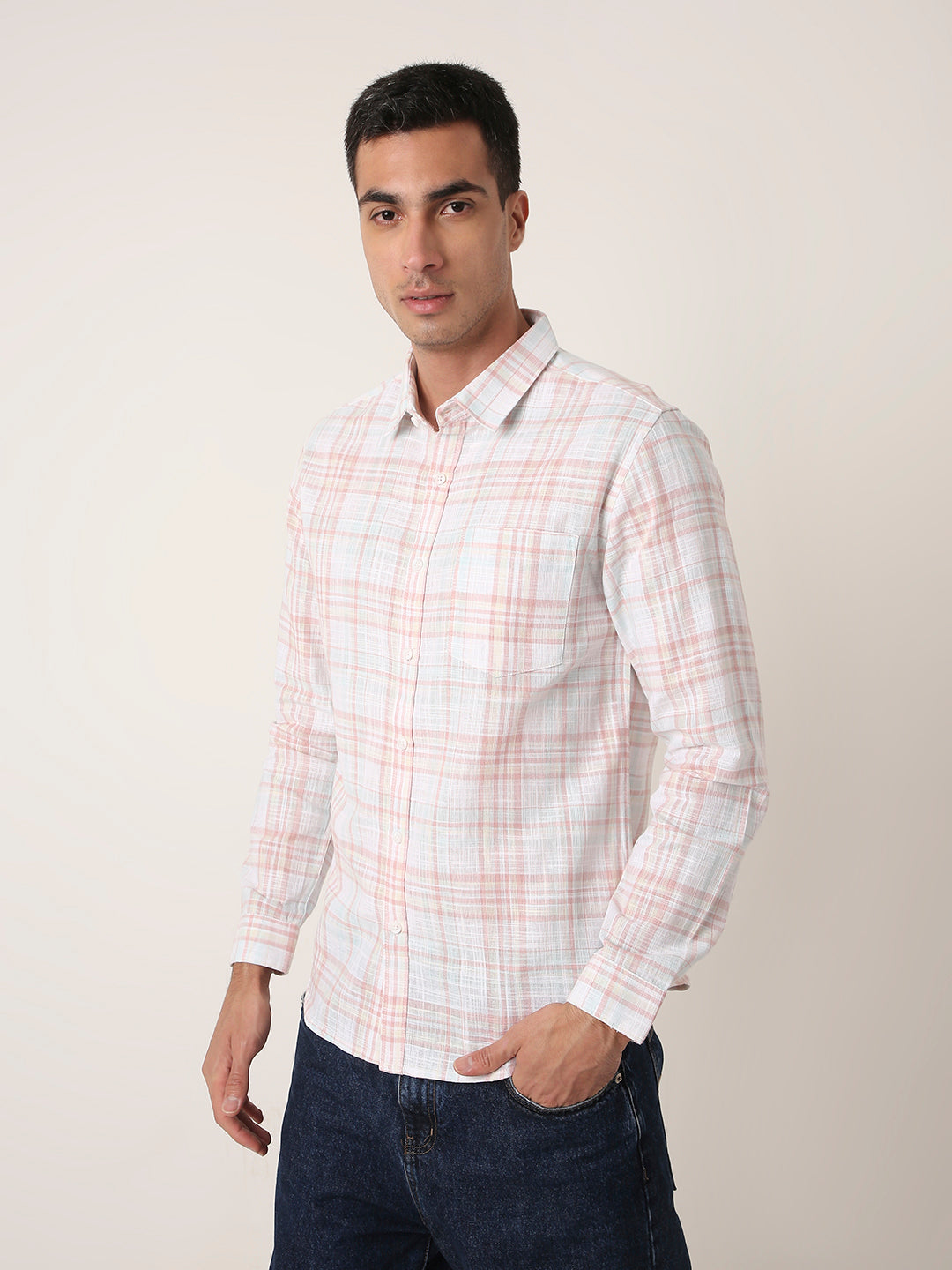 PEACH Classic Cotton Checkered Casual Shirt