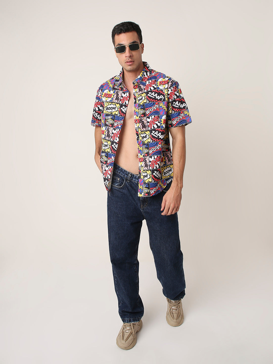 BLACK Comic Print Short Sleeve Casual Shirt