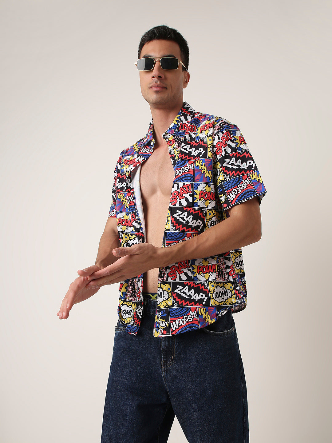 BLACK Comic Print Short Sleeve Casual Shirt