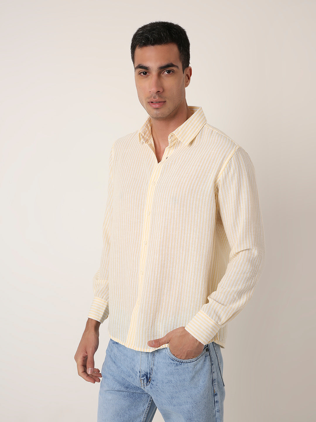 yellow Vertical Striped Casual Shirt