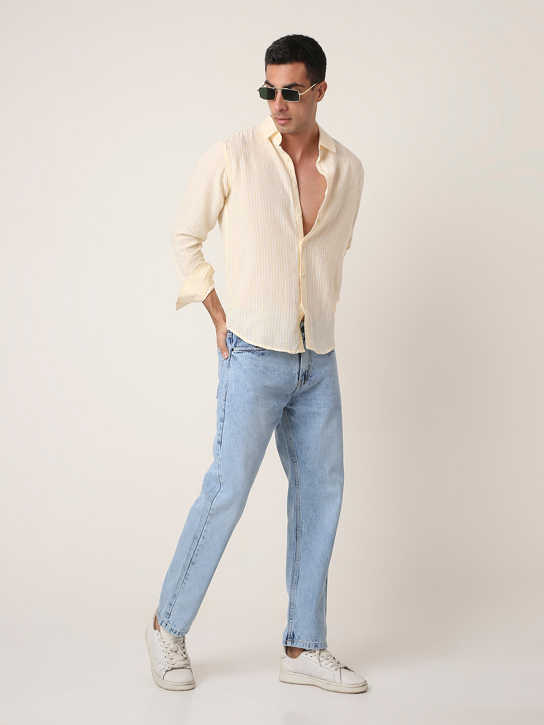 yellow Vertical Striped Casual Shirt