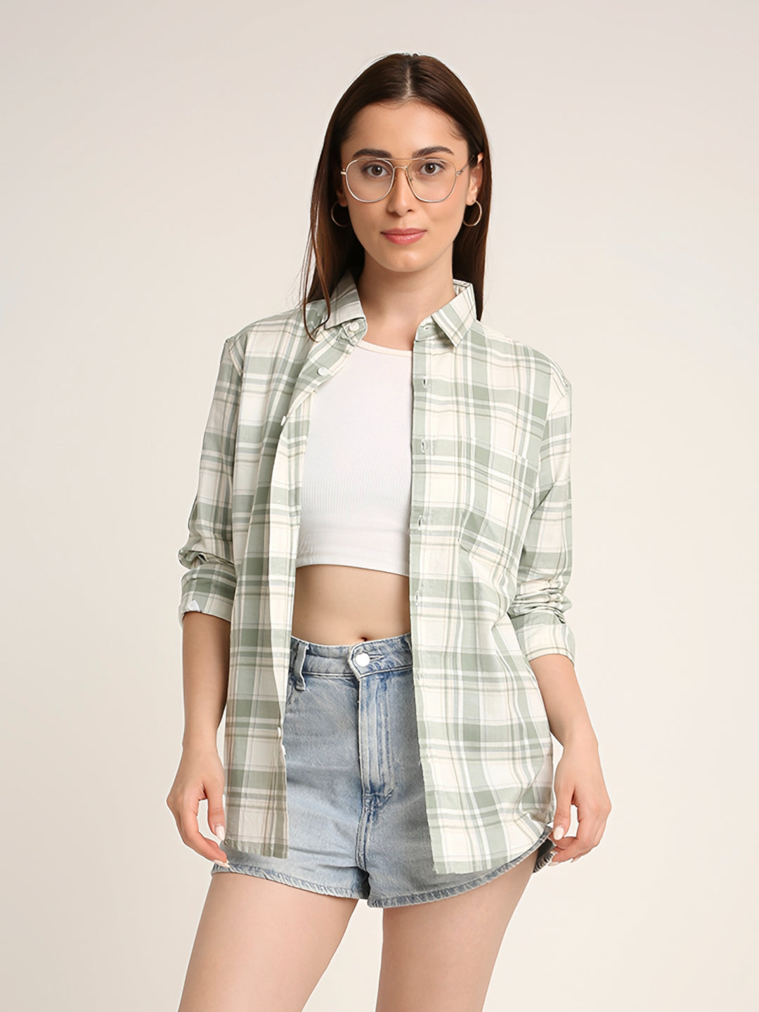 Green Checked Cotton Relaxed Fit Casual Shirt
