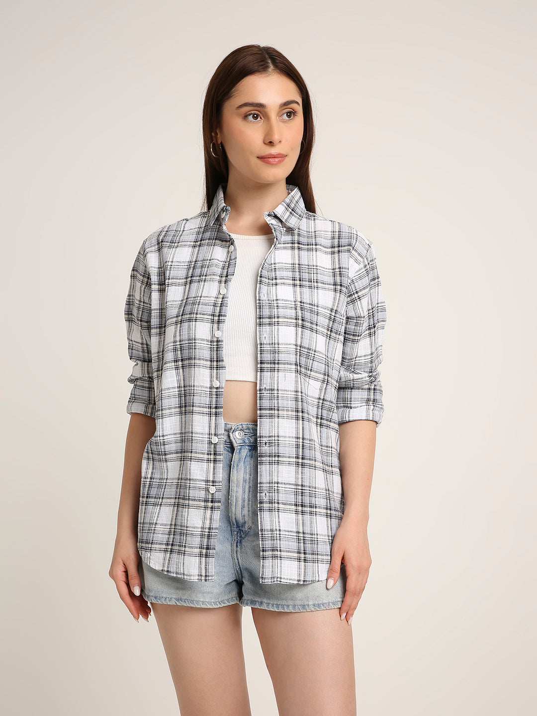 White Checked Cotton Casual Shirt