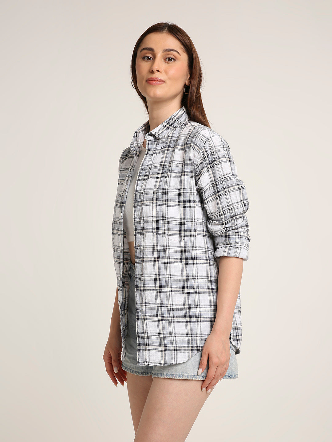 White Checked Cotton Casual Shirt