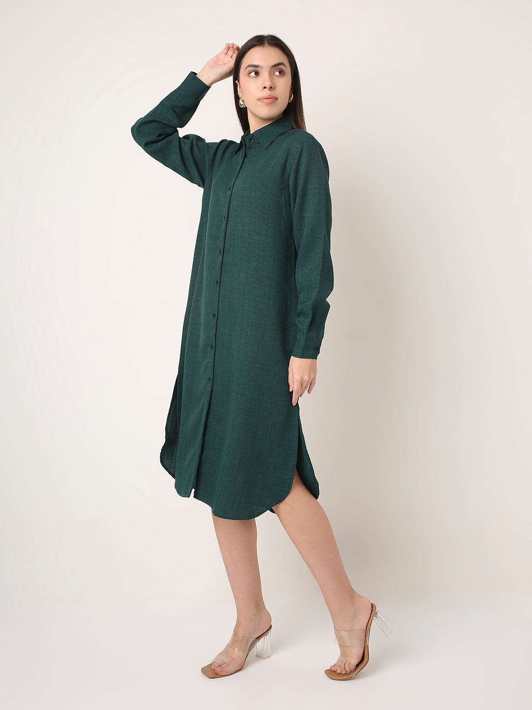 Textured Solid Long Shirt Dress