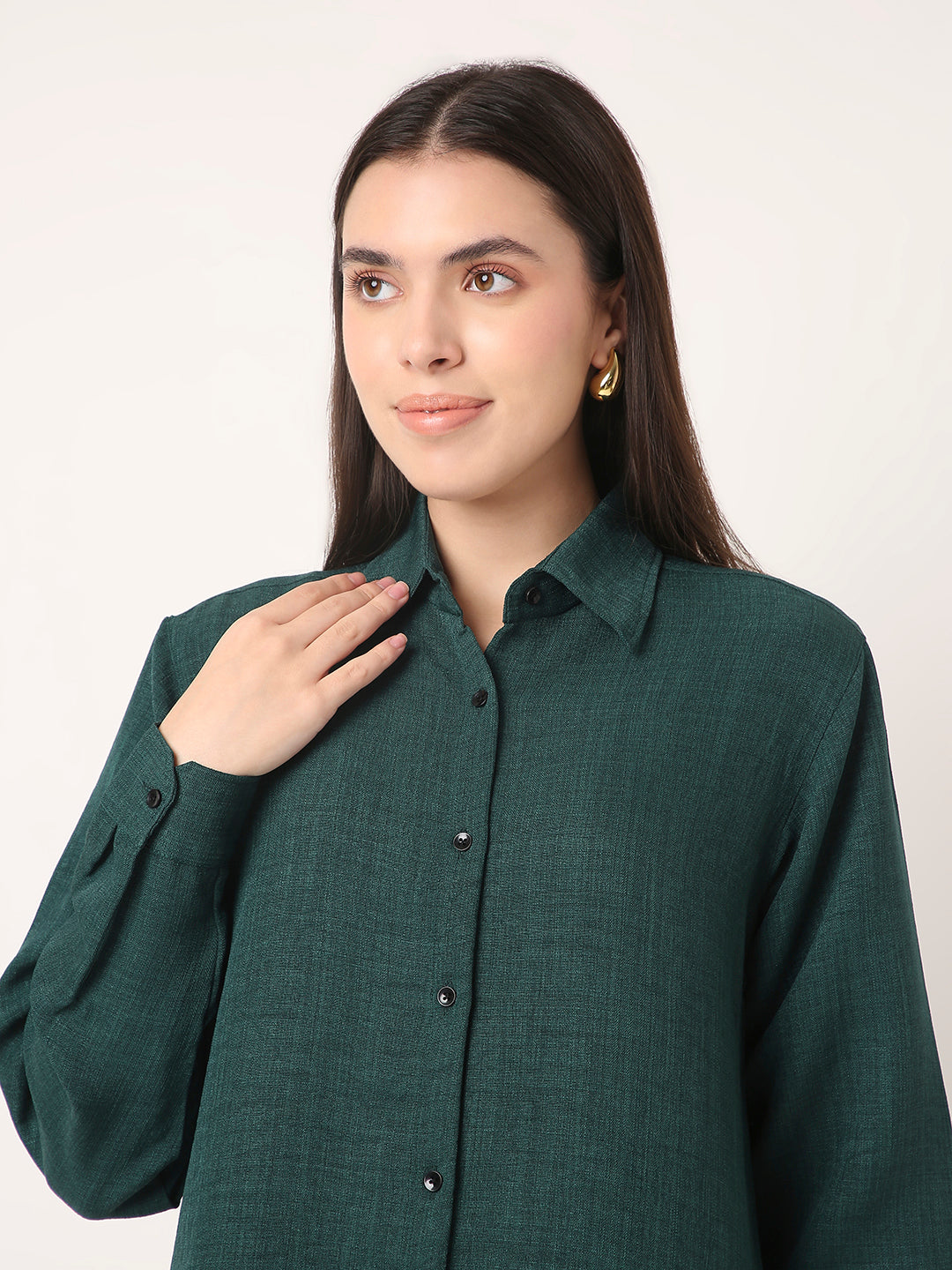 Textured Solid Long Shirt Dress