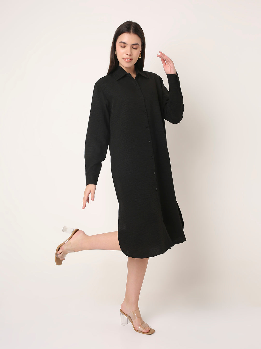 BLACK Textured Solid Long Shirt Dress