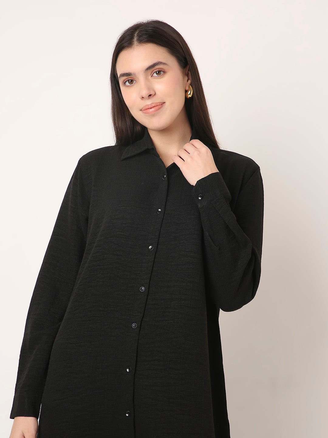 BLACK Textured Solid Long Shirt Dress