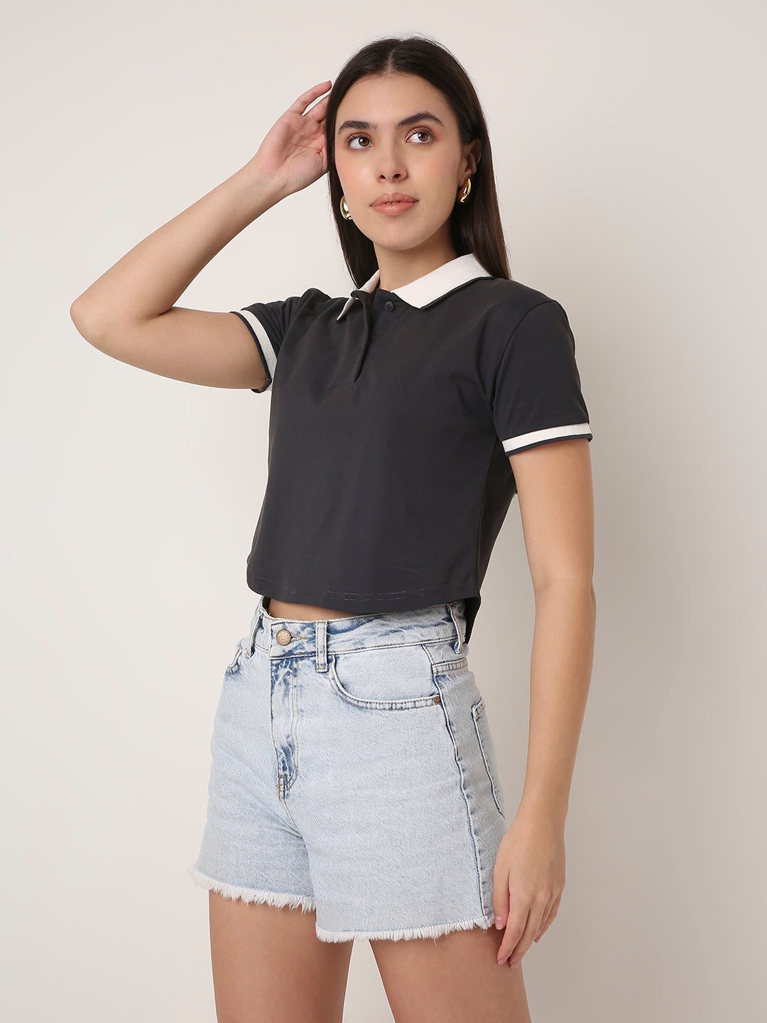 Charcoal grey Contrast Collar Crop Polo