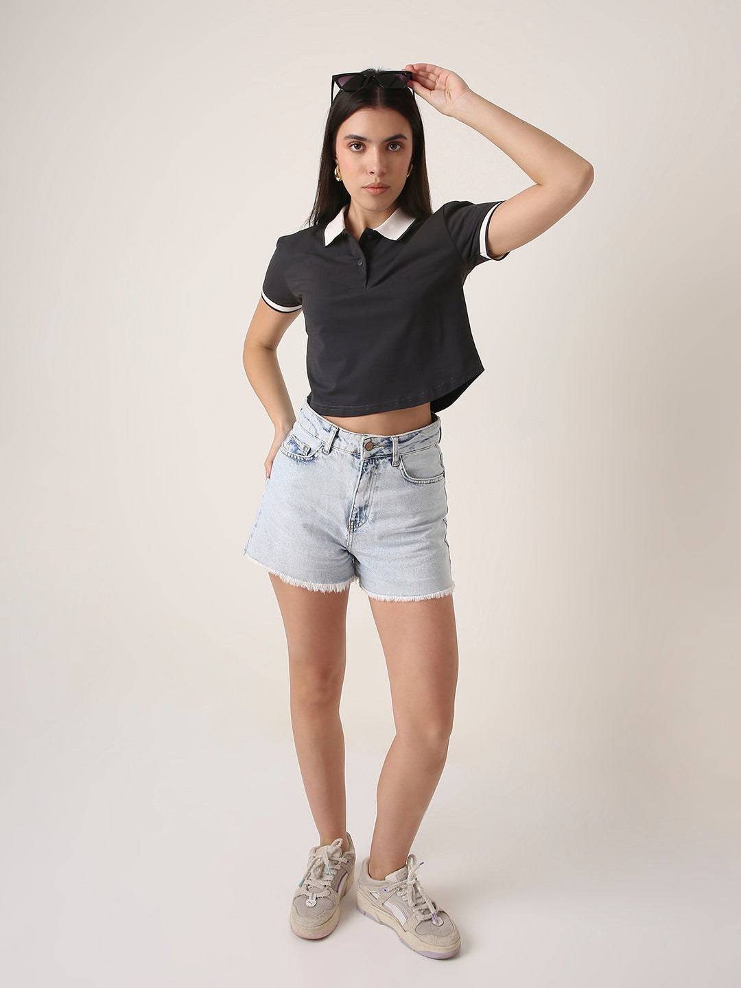 Charcoal grey Contrast Collar Crop Polo
