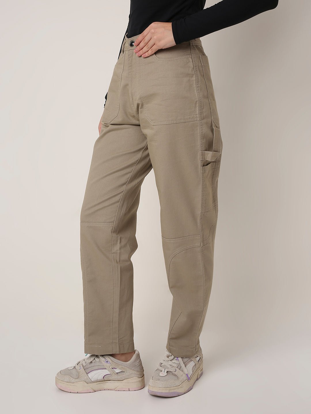 BEIGE High-Waist Utility Cargo Pants
