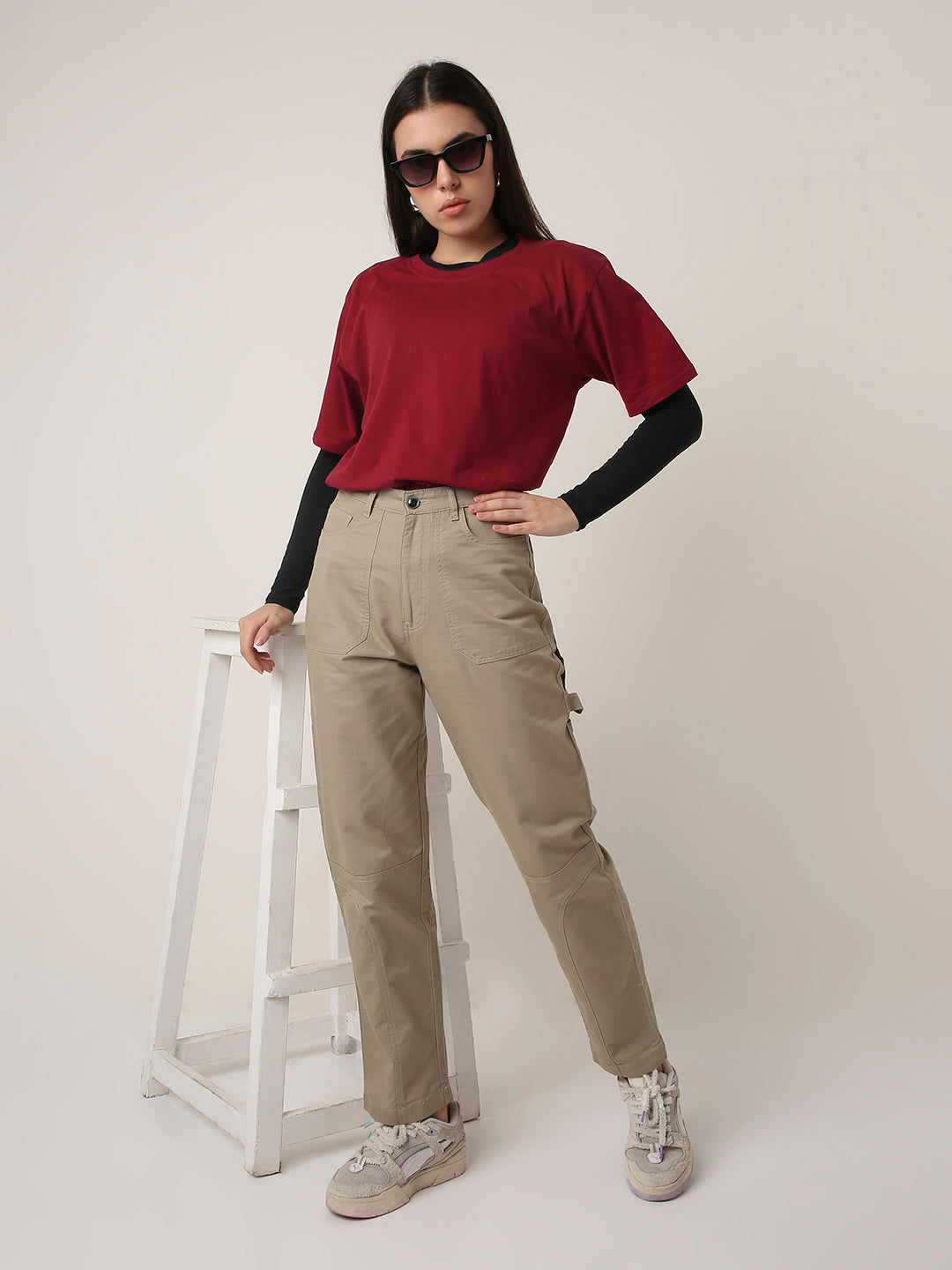BEIGE High-Waist Utility Cargo Pants