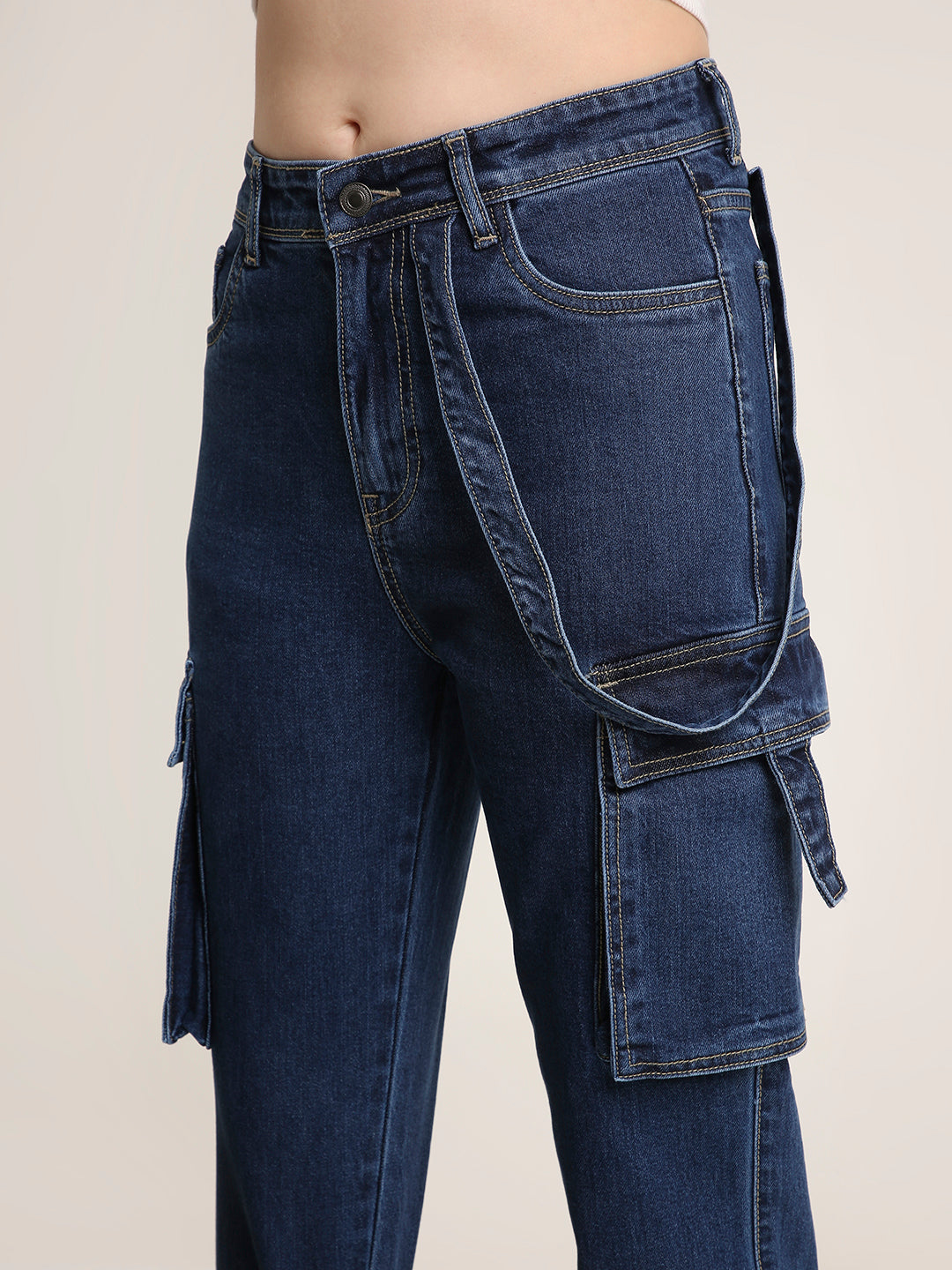 Dark Blue Straight Fit Cargo Denim